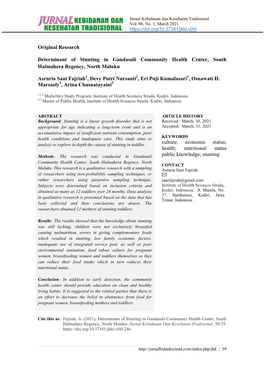 Original Research Determinant of Stunting in Gandasuli Community Health Center, South Halmahera Regency, North Maluku Asruria S