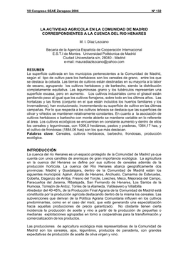 La Actividad Agricola En La Comunidad De Madrid Correspondientes a La Cuenca Del Rio Henares