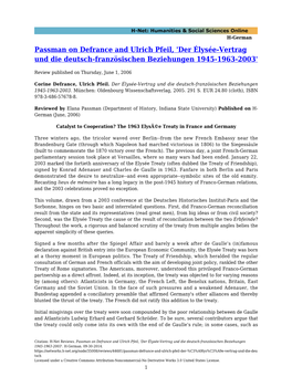 Passman on Defrance and Ulrich Pfeil, 'Der Élysée-Vertrag Und Die Deutsch-Französischen Beziehungen 1945-1963-2003'