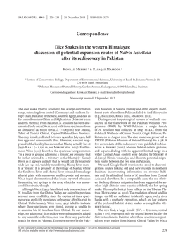 Dice Snakes in the Western Himalayas: Discussion of Potential Expansion Routes of Natrix Tessellata After Its Rediscovery in Pakistan