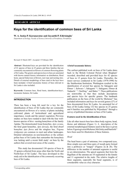 Keys for the Identification of Common Bees of Sri Lanka