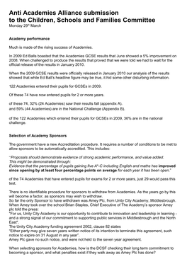 Anti Academies Alliance Submission to the Children, Schools and Families Committee Monday 29Th March