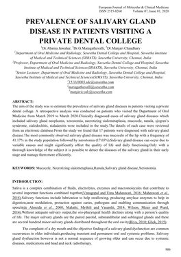 Prevalence of Salivary Gland Disease in Patients Visiting a Private Dental