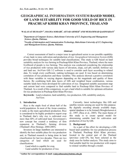 Geographical Information System Based Model of Land Suitability for Good Yield of Rice in Prachuap Khiri Khan Province, Thailand