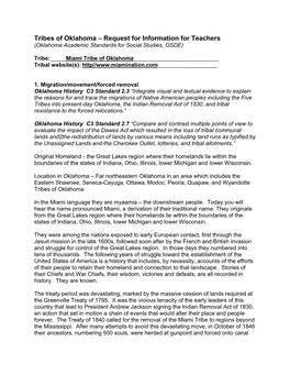 Tribes of Oklahoma – Request for Information for Teachers (Oklahoma Academic Standards for Social Studies, OSDE)