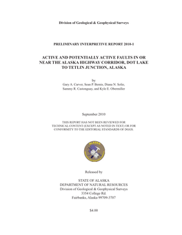 Active and Potentially Active Faults in Or Near the Alaska Highway Corridor, Dot Lake to Tetlin Junction, Alaska