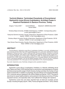 (Diptera: Tachinidae) Parasitoids of Overwintered Hyphantria Cunea (Drury) (Lepidoptera: Arctiidae) Pupae in Hazelnut Plantations in Samsun Province, Turkey