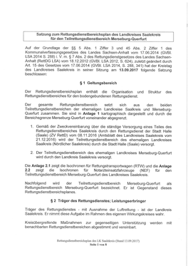 Satzung Zum Rettungsdienstbereichsplan Des Landkreises Saalekreis Für Den Teilrettungsdienstbereich Merseburg-Querfurt