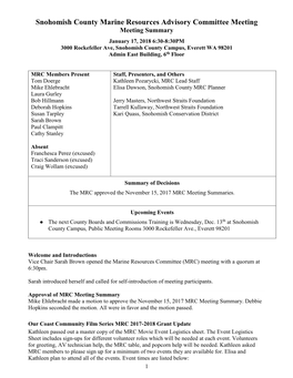 Snohomish County Marine Resources Advisory Committee Meeting Meeting Summary