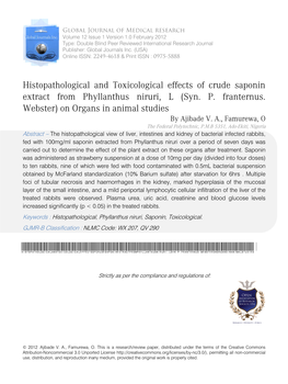 Histopathological and Toxicological Effects of Crude Saponin Extract from Phyllanthus Niruri, L (Syn