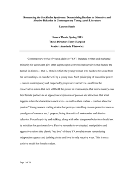 Romancing the Stockholm Syndrome: Desensitizing Readers to Obsessive and Abusive Behavior in Contemporary Young Adult Literature