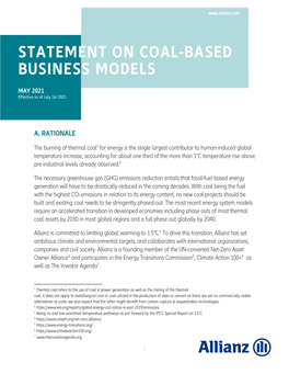 Allianz Statement on Coal-Based Business Models