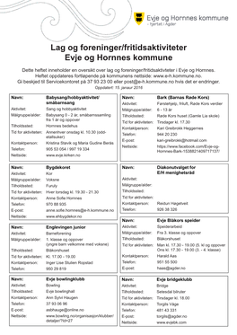 Lag Og Foreninger/Fritidsaktiviteter Evje Og Hornnes Kommune