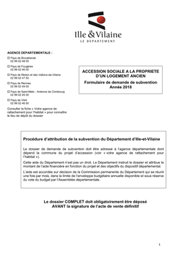 ACCESSION SOCIALE a LA PROPRIETE D'un LOGEMENT ANCIEN Formulaire De Demande De Subvention Année 2018 Le Dossier COMPLET Doit