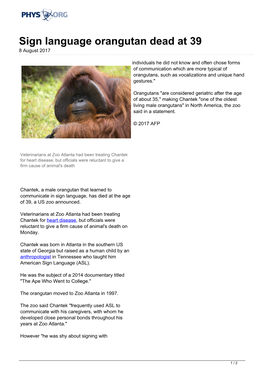 Sign Language Orangutan Dead at 39 8 August 2017