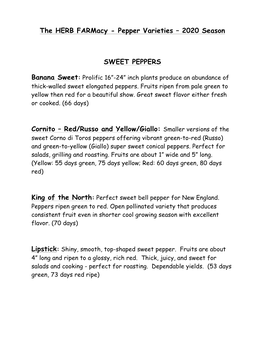 Pepper Varieties – 2020 Season SWEET