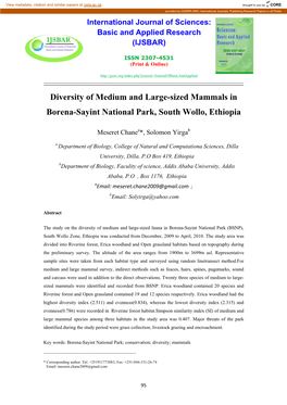 Diversity of Medium and Large-Sized Mammals in Borena-Sayint National Park, South Wollo, Ethiopia