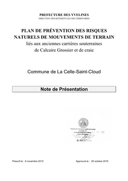 PLAN DE PRÉVENTION DES RISQUES NATURELS DE MOUVEMENTS DE TERRAIN Liés Aux Anciennes Carrières Souterraines De Calcaire Grossier Et De Craie