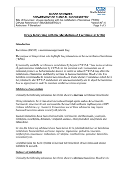 Drugs Interfering with the Metabolism of Tacrolimus (FK506)