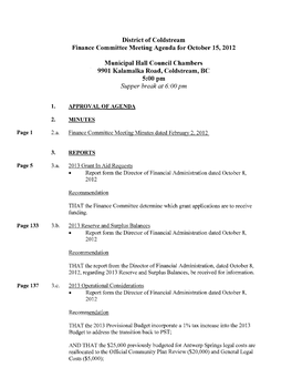 District of Cold Stream Finance Committee Meeting Agenda for October 15, 2012