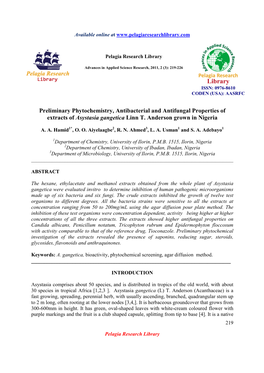 Preliminary Phytochemistry, Antibacterial and Antifungal Properties of Extracts of Asystasia Gangetica Linn T. Anderson Grown in Nigeria