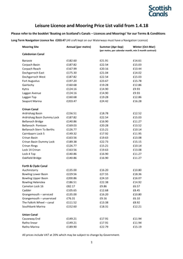 Leisure Licence and Mooring Price List Valid from 1.4.18