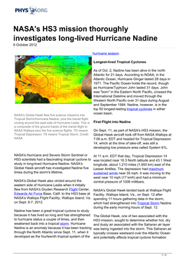 NASA's HS3 Mission Thoroughly Investigates Long-Lived Hurricane Nadine 6 October 2012