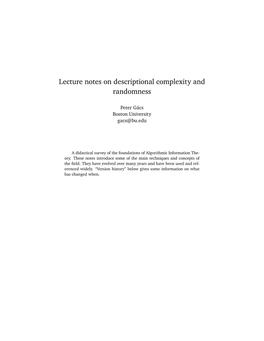 Lecture Notes on Descriptional Complexity and Randomness