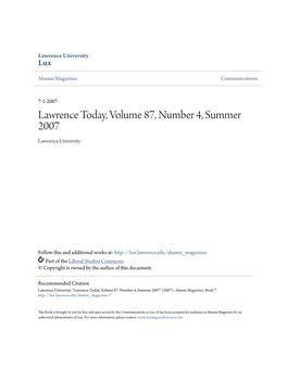 Lawrence Today, Volume 87, Number 4, Summer 2007 Lawrence University