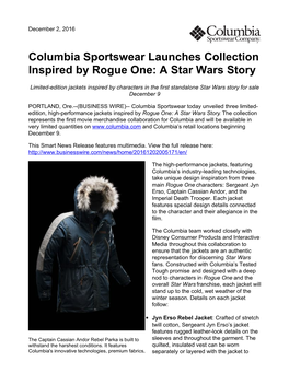 Columbia Sportswear Launches Collection Inspired by Rogue One: a Star Wars Story