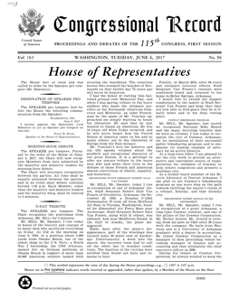 Congressional Record United States Th of America PROCEEDINGS and DEBATES of the 115 CONGRESS, FIRST SESSION