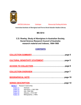 MS 5014 C.D. Rowley, Study of Aborigines in Australian Society, Social Science Research Council of Australia: Research Material and Indexes, 1964-1968