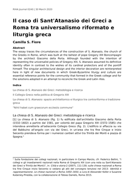 Il Caso Di Sant'atanasio Dei Greci a Roma Tra Universalismo Riformato E Liturgia Greca