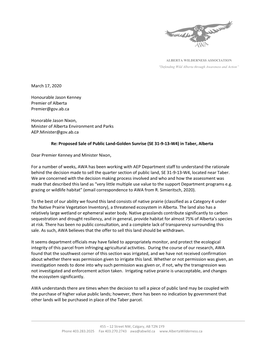 March 17, 2020 Honourable Jason Kenney Premier of Alberta Premier@Gov.Ab.Ca Honorable Jason Nixon, Minister of Alberta Environme