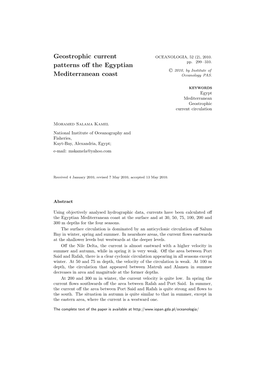 Geostrophic Current Patterns Off the Egyptian Mediterranean Coast