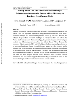 A Study on Red Tide Risk and Basic Understanding of Fishermen and Residents in Bandar Abbas, Hormozgan Province, Iran (Persian Gulf)