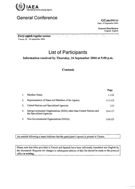 List of Participants Information Received by Thursday, 16 September 2004 at 5:00 P.M