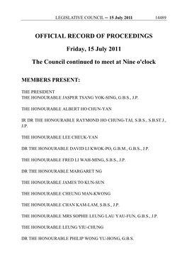 OFFICIAL RECORD of PROCEEDINGS Friday, 15 July