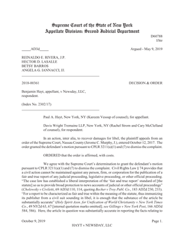 HAYT V NEWSDAY, LLC the Plaintiff’S Arrest, and No Action Can Be Maintained Against the Defendant in Connection with That Article