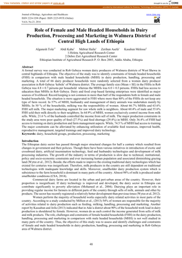 Role of Female and Male Headed Households in Dairy Production, Processing and Marketing in Walmera District of Central High Lands of Ethiopia