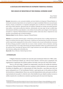 A Escolha Dos Ministros Do Supremo Tribunal Federal the Choice of Ministers of the Federal Supreme Court