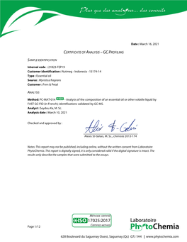 21B23-FEP19 Customer Identification : Nutmeg - Indonesia - 13174-14 Type : Essential Oil Source : Myristica Fragrans Customer : Fern & Petal