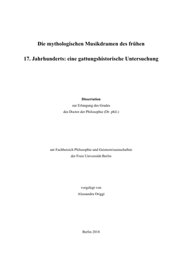 Die Mythologischen Musikdramen Des Frühen 17. Jahrhunderts: Eine Gattungshistorische Untersuchung