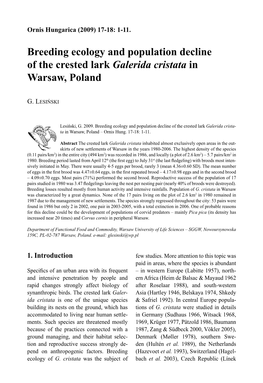 Breeding Ecology and Population Decline of the Crested Lark Galerida Cristata in Warsaw, Poland