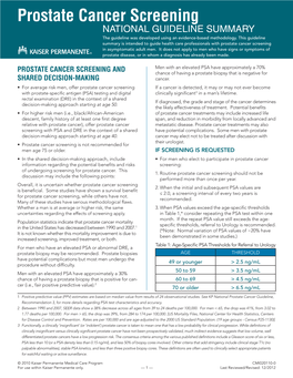 Prostate Cancer Screening NATIONAL GUIDELINE SUMMARY the Guideline Was Developed Using an Evidence-Based Methodology