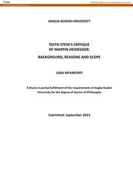 Edith Stein's Critique of Martin Heidegger