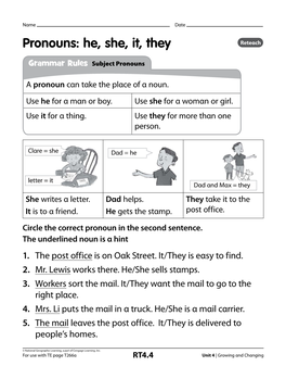 Pronouns: He, She, It, They Reteach