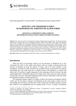 Kinetics and Thermodynamics of Dispersed Oil Sorption by Kapok Fiber