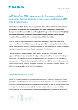 AAF Astropure 2000: New Air Purifier for Commercial Use Completes Daikin’S Portfolio to Reduce Potential Risks of SARS- Cov-2 Transmission