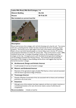 Ladies Mile Road, Mile End Cottages, 1-6 Historic Building No CA Houses ID 75 & 275 Not Included on Current Local List